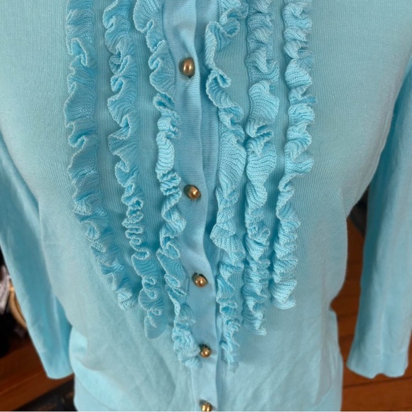 Talbots Aqua Blue Ruffle Button-Up Women's Sweater - Picture 3 of 6